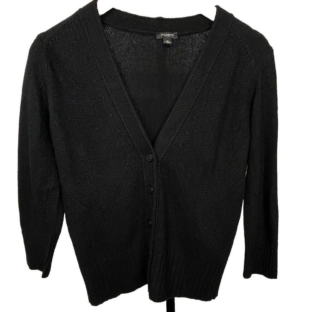Ann Taylor Sweater Cardigan Button Up V Neck 3/4 Sleeve Wool Blend Black‎ Medium